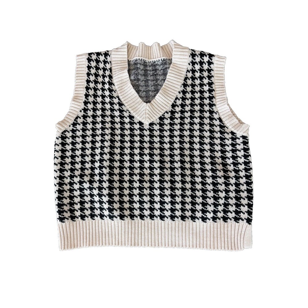 Black Cream Houndstooth Sweater Vest V Neck Knit Preppy Minimalist